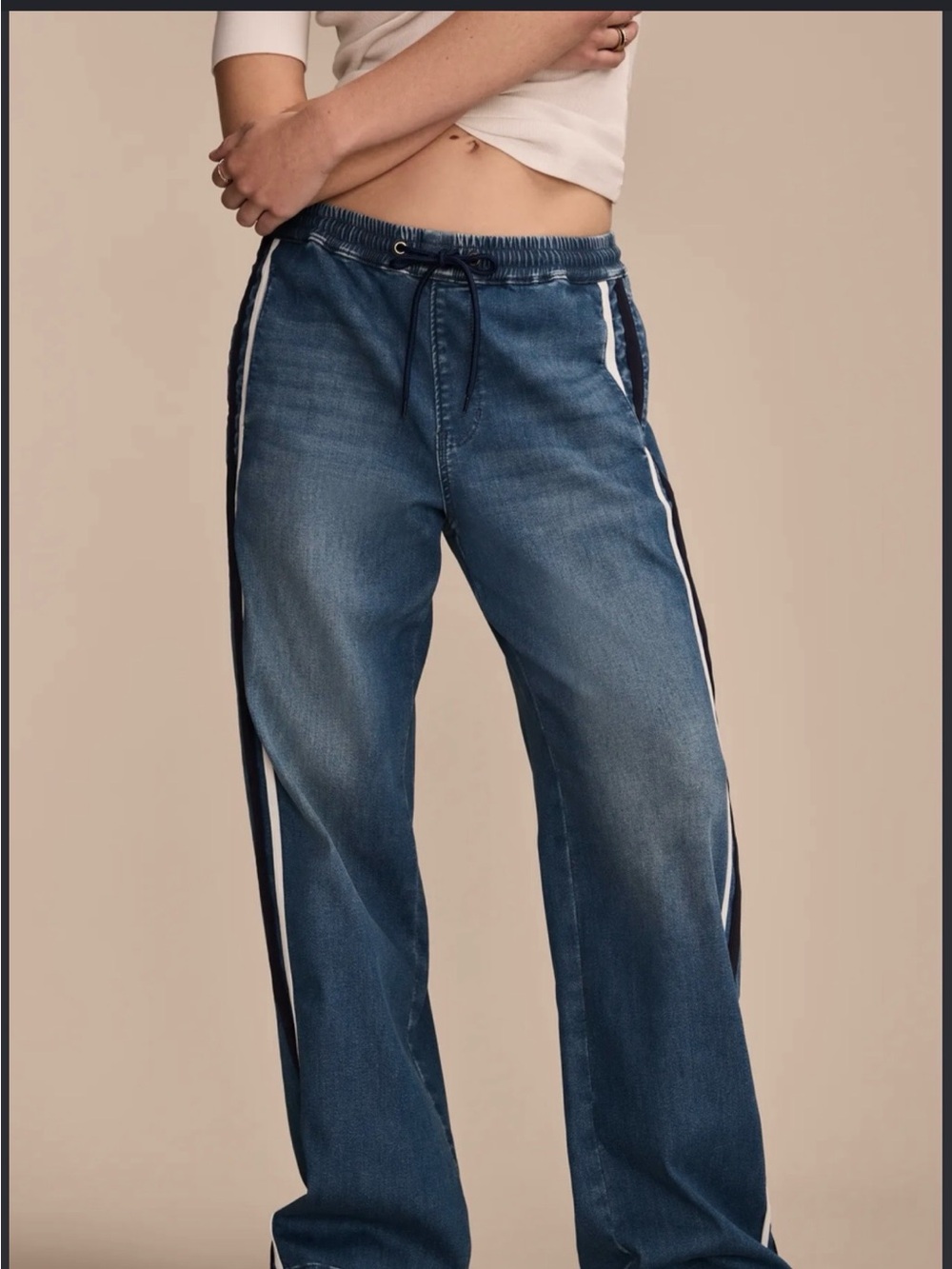 Lucky Brand Wide Leg Denim Jeans with Side Stripe - Blue & White